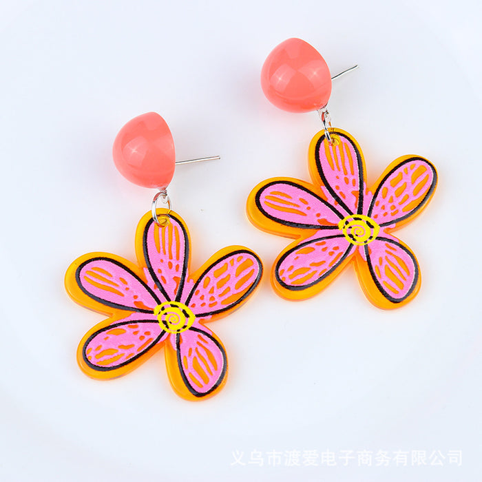 Wholesale Small Fresh Earrings Asymmetric Acrylic Embossed Printed Flowers MOQ≥2 JDC-ES-DUAI026