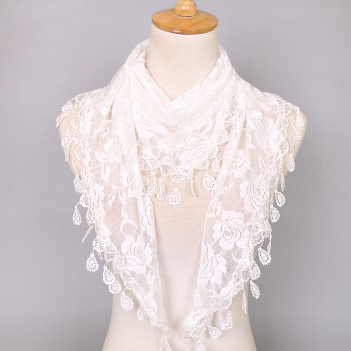 Wholesale Nylon Lace Triangular Scarf Rose Flower Tassel Triangle Scarf JDC-SF-WenJ002