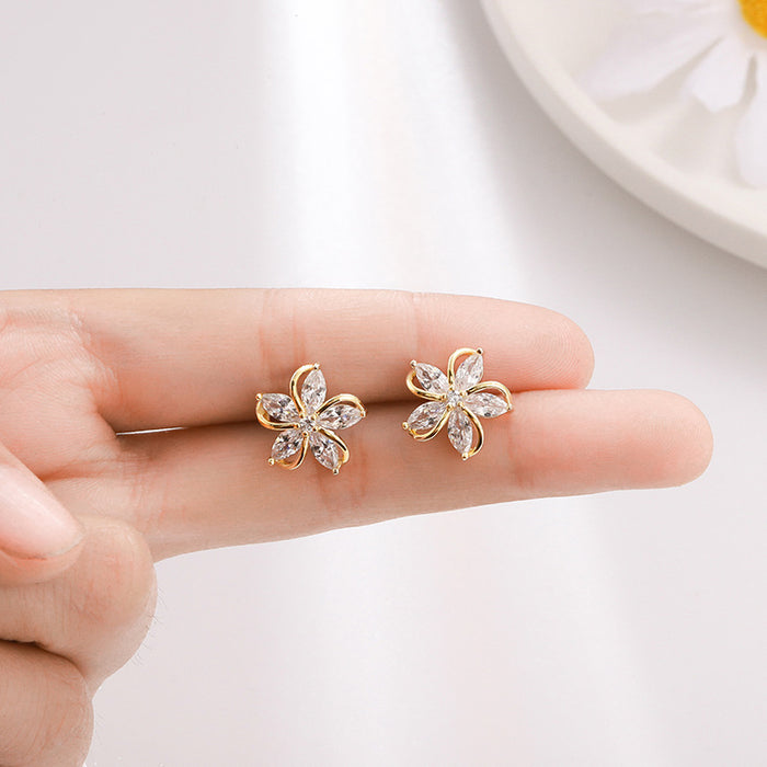 Wholesale Windmill Flower Stud Earrings Small and Exquisite Gold Plated Zircon Earrings Silver Stud Ear Clips JDC-ES-lianxin004