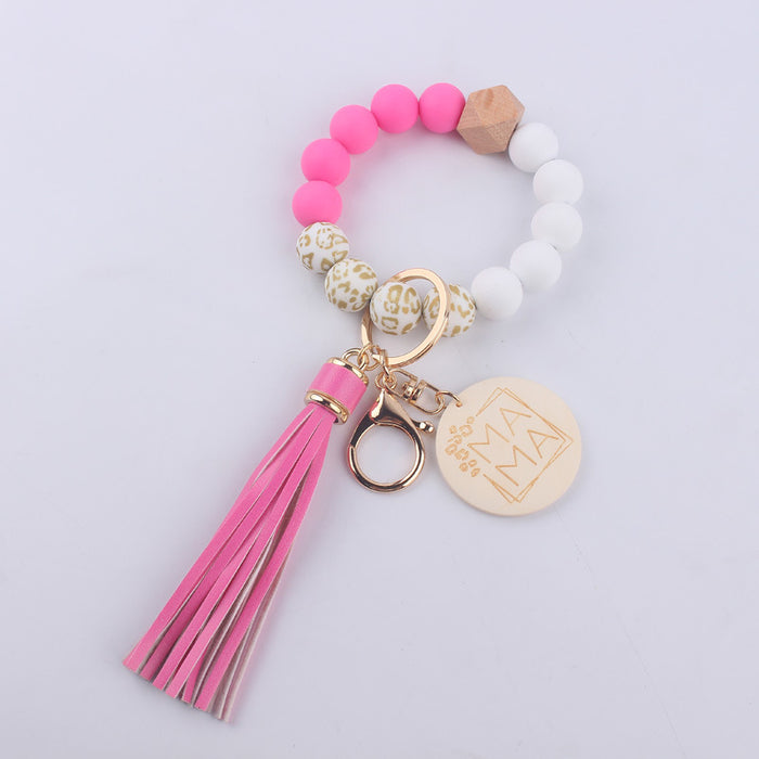 Wholesale MAMA Leopard Print Silicone Beaded Wrist Keychain JDC-KC-GuangTian002