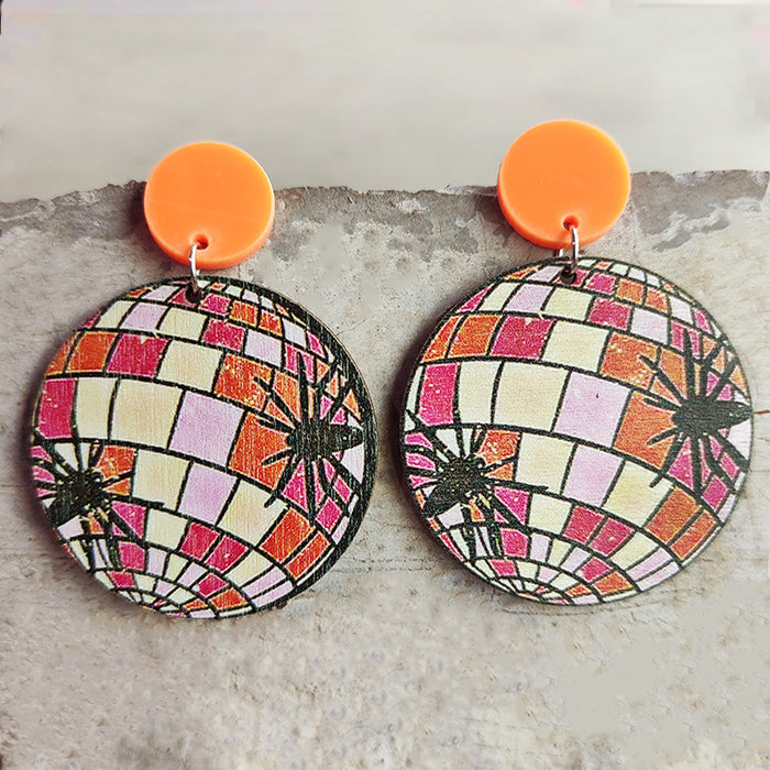 Wholesale Earrings Wooden Halloween Pumpkin Ghost Spider Colorful Flowers 2pcs JDC-ES-Heyi020