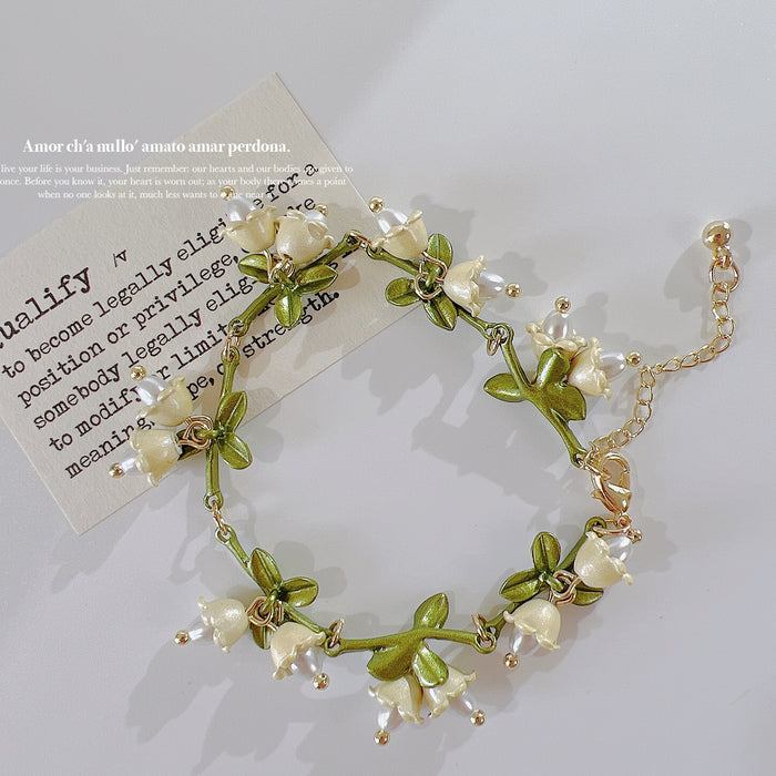 Wholesale Bracelet Alloy Green Leaf White Lily of the Valley Pearls JDC-BT-QianT005