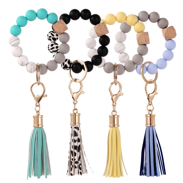 Jewelry WholesaleWholesale Silicone Bead Bracelet Wooden Bead Tassel Keychain JDC-KC-JinHan001 Keychains 金涵 %variant_option1% %variant_option2% %variant_option3%  Factory Price JoyasDeChina Joyas De China