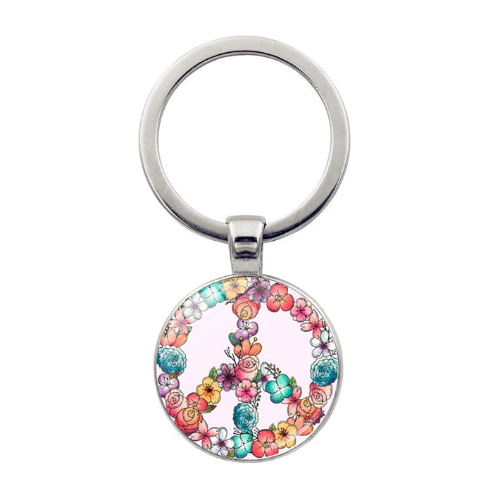 Wholesale Pansy Peace Sign Zinc Alloy Glass Keychain MOQ≥2 JDC-KC-JiaYun001