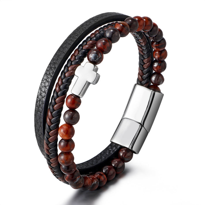 Wholesale Stainless Steel Natural Tiger Eye Agate Stone Cross Mens Leather Bracelet JDC-BT-ZiGe002