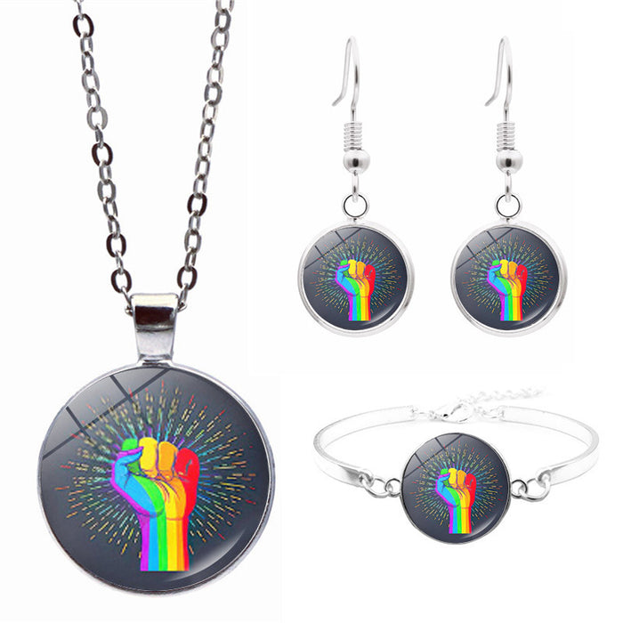 Wholesale LGBT Rainbow Flag Pride Day Necklace Bracelet Stud Earrings Set JDC-NE-JiaYun006