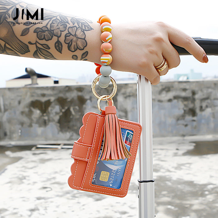 Wholesale Silicone Beaded Leather Card Holder Wristlet Keychain MOQ≥2 JDC-KC-JM037