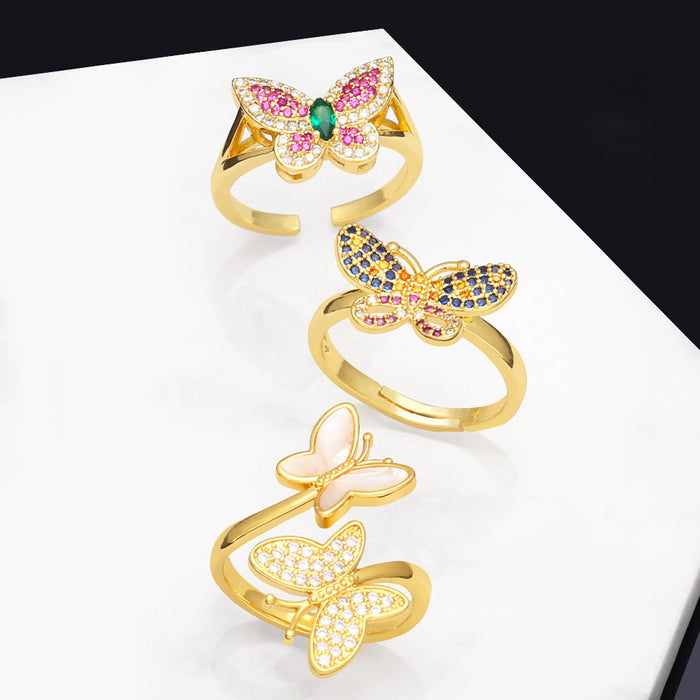 Wholesale Ring Copper Plated 18K Gold Zircon Color Butterfly Adjustable JDC-PREMAS-RS-020