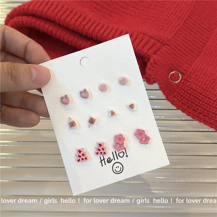 Wholesale Fruit Stud Earrings Set Sweet and Cute Pink Spray Paint MOQ≥2 JDC-ES-Lfm006