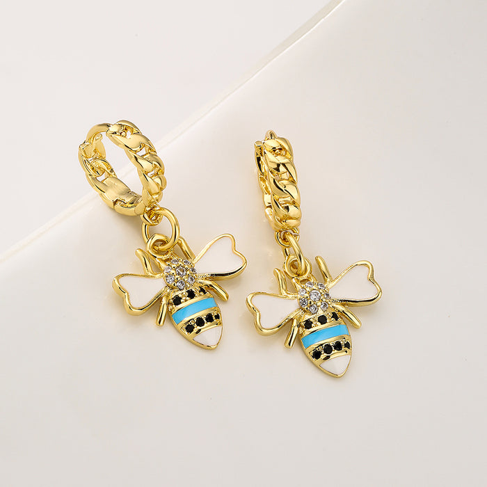 Wholesale Earrings Copper Real Gold Plated Micro Set Zircon Drop Oil Bee JDC-ES-PREMAG006