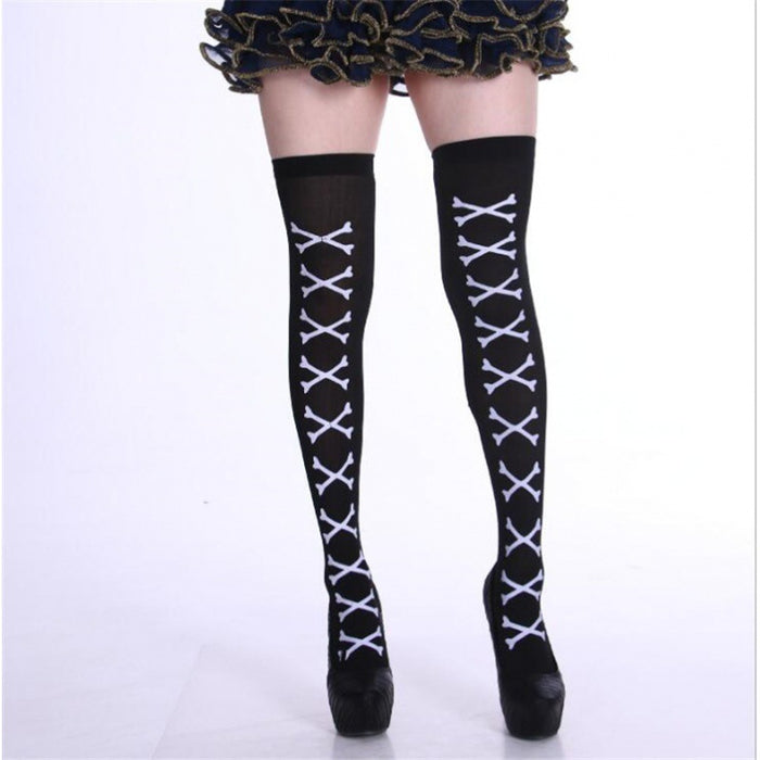 Wholesale Socks Polyester Halloween Bat Skull Bones Over Knee Stockings MOQ≥2 JDC-SK-Shuangniu001