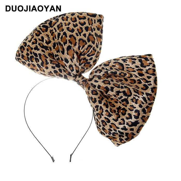 Wholesale Leopard Print Exaggerated Oversized Bow Satin Cloth Iron Headband MOQ≥3 JDC-HD-Jiaoy012