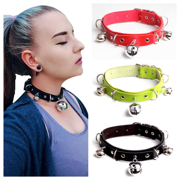 Jewelry WholesaleWholesale double layer pu leather sexy big bell collar bondage choker necklace MOQ≥2 JDC-NE-HJ004 Necklaces 火姬 %variant_option1% %variant_option2% %variant_option3%  Factory Price JoyasDeChina Joyas De China