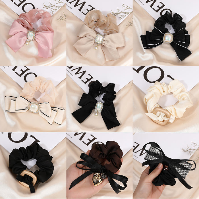 Wholesale Bow Pearl Rhinestone Cloth Hair Scrunchies MOQ≥2 JDC-HS-FengHan001