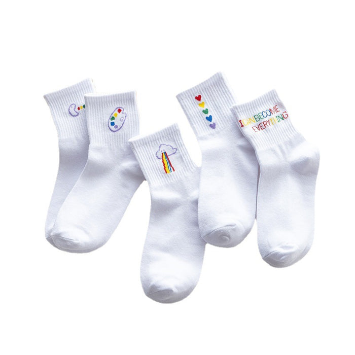 Wholesale Socks Polyester Plain White Rainbow Pattern Mid Tube Socks JDC-SK-DRan003