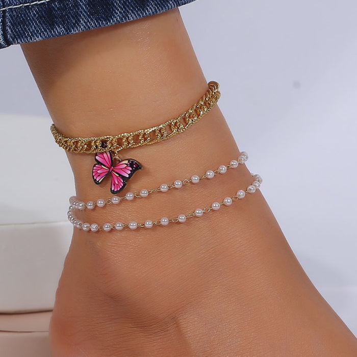 Jewelry WholesaleWholesale pearl multi-color drip oil sticker butterfly set anklet JDC-AS-YeB041 Anklets 烨贝 %variant_option1% %variant_option2% %variant_option3%  Factory Price JoyasDeChina Joyas De China