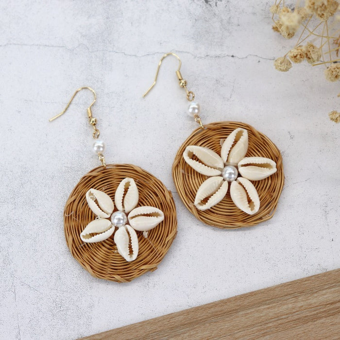 Wholesale Handmade Rattan Woven Stud Earrings Bohemian Beach Vacation Style JDC-ES-Luox004