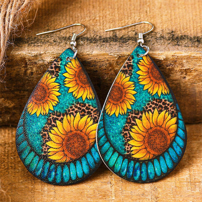 Wholesale water drop leather earrings leopard print sunflower flower double sided pu MOQ≥5 JDC-ES-Miaos003