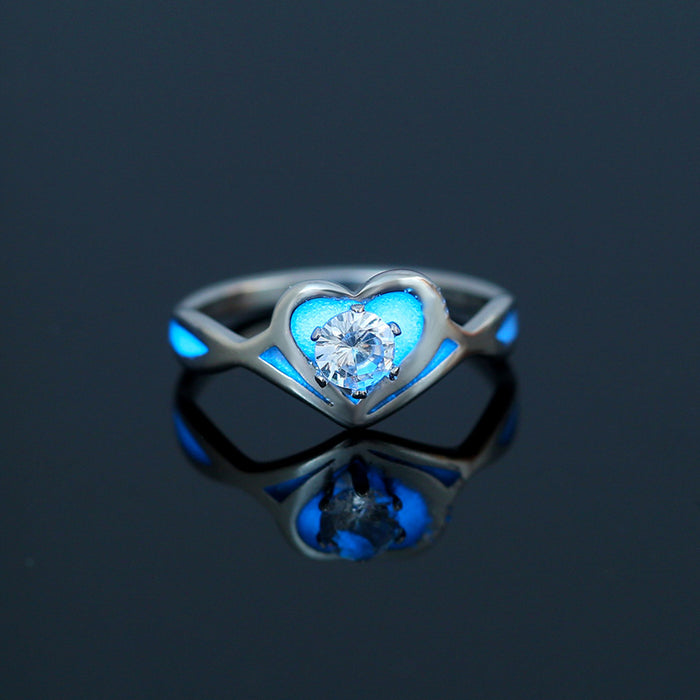 Wholesale Zircon Stainless Steel Heart Butterfly Blue Luminous Ring MOQ≥2 JDC-RS-DB001