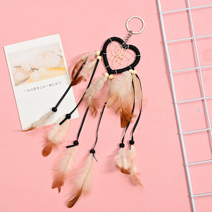 Wholesale Love Iron Ring Feather Beads Silk Thread Dreamcatcher Keychain MOQ≥2 JDC-KC-JunX001