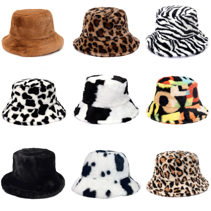 Wholesale Hat Faux Fur Thick Cow Pattern Bucket Hat JDC-FH-XingT001