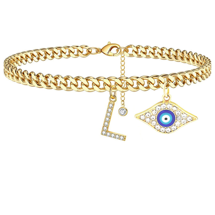 Wholesale 26 English Alphabet Devil's Eye Pendant Cuban Chain Alphabet Anklet JDC-AS-JinM001