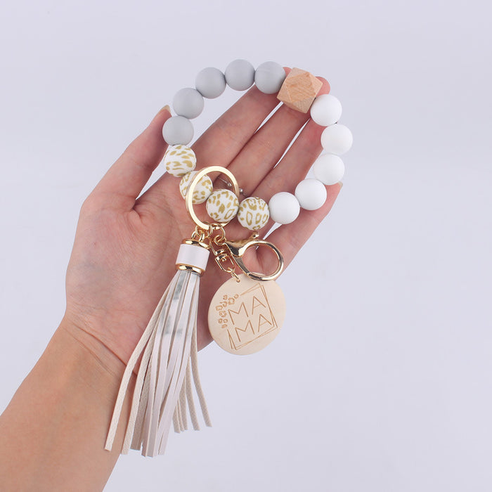 Wholesale MAMA Leopard Print Silicone Beaded Wrist Keychain JDC-KC-GuangTian002