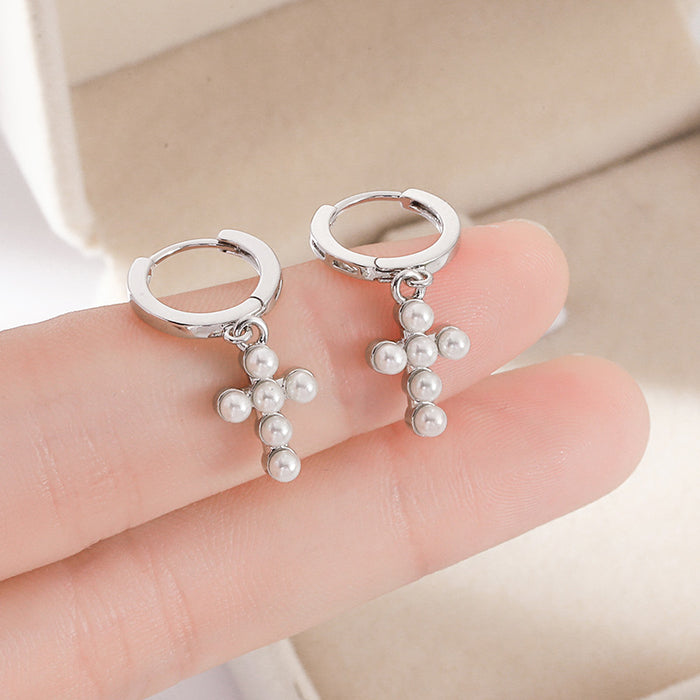 Wholesale Pearl Ear Buckles Geometric Cross Earrings JDC-ES-lianxin008