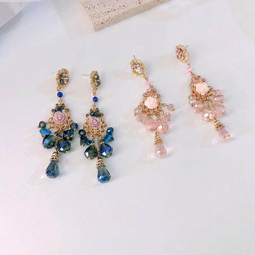 Jewelry WholesaleWholesale vintage pink rose flower crystal tassel pendant earrings JDC-ES-HanD001 Earrings 韩朵 %variant_option1% %variant_option2% %variant_option3%  Factory Price JoyasDeChina Joyas De China