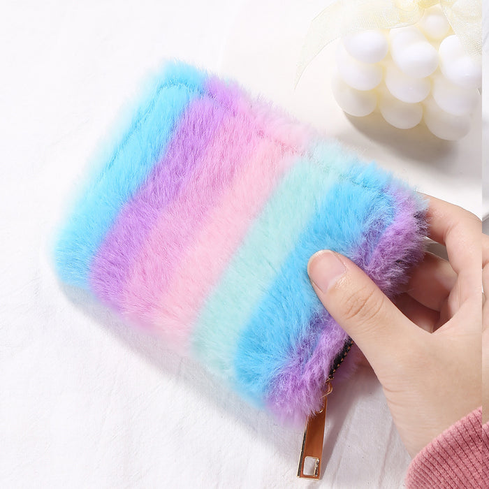 Wholesale Plush Gradient Rainbow Long Wallet JDC-WT-HongHua002