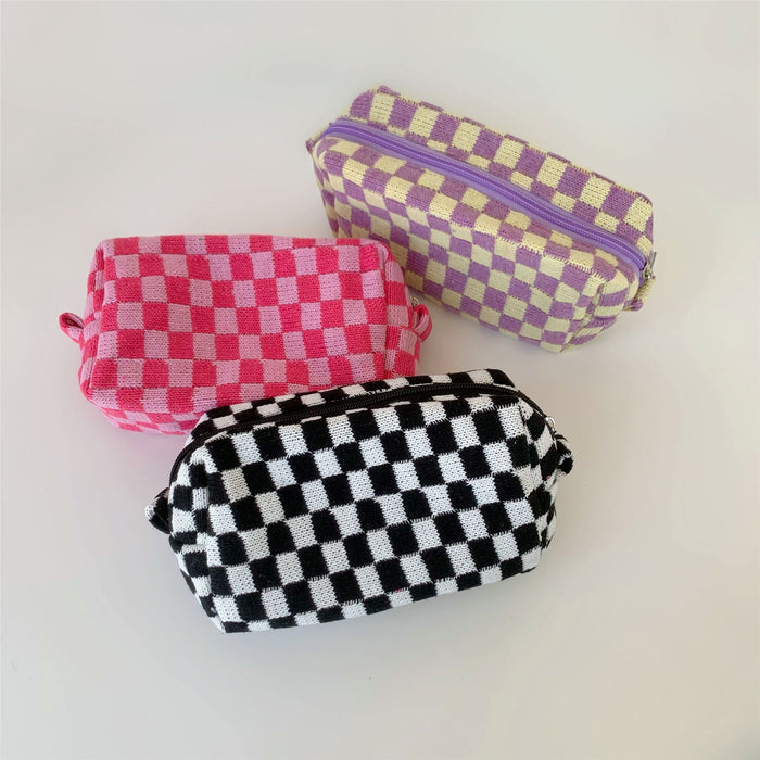 Wholesale Cosmetic bag Knitted Fabric Checkerboard Large Capacity MOQ≥3 JDC-CB-JiJ001