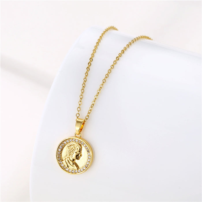 Wholesale Necklace Stainless Steel Diamond-encrusted Zircon Round Plate Portrait Relief JDC-NE-QR009