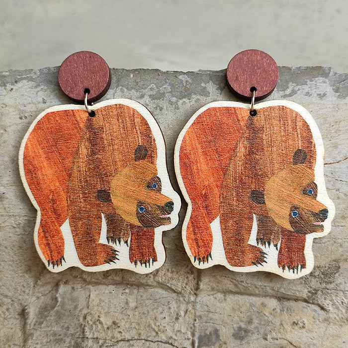 Wholesale Earring Wooden Cute Bear Brown Bear 2 Pairs JDC-ES-HeYi043