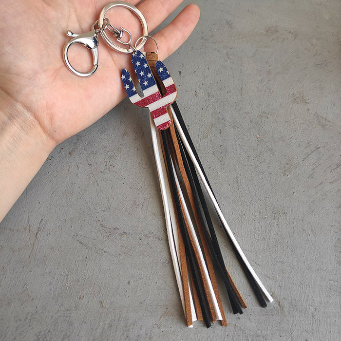 Wholesale 4th of July Independence Day Cactus Sunflower Alloy Wood Tassel Keychain MOQ≥2 JDC-KC-HeYi011