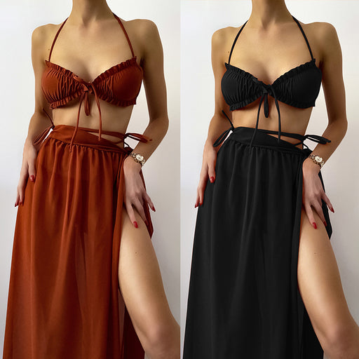 Jewelry WholesaleWholesale Solid Color Bikini Chiffon Cover Skirt Lace Up Swimsuit Three Piece Set JDC-SW-Piaoxu015 Swimwear 飘旭 %variant_option1% %variant_option2% %variant_option3%  Factory Price JoyasDeChina Joyas De China