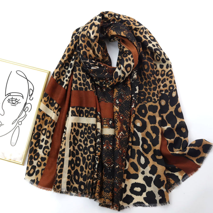 Wholesale Scarf Polyester Cotton Leopard Colorblock Print Shawl JDC-SF-XJY001