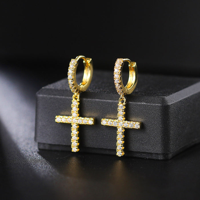 Wholesale Cross Copper Inlaid Zircon Gold Plated Earrings JDC-ES-ZY005