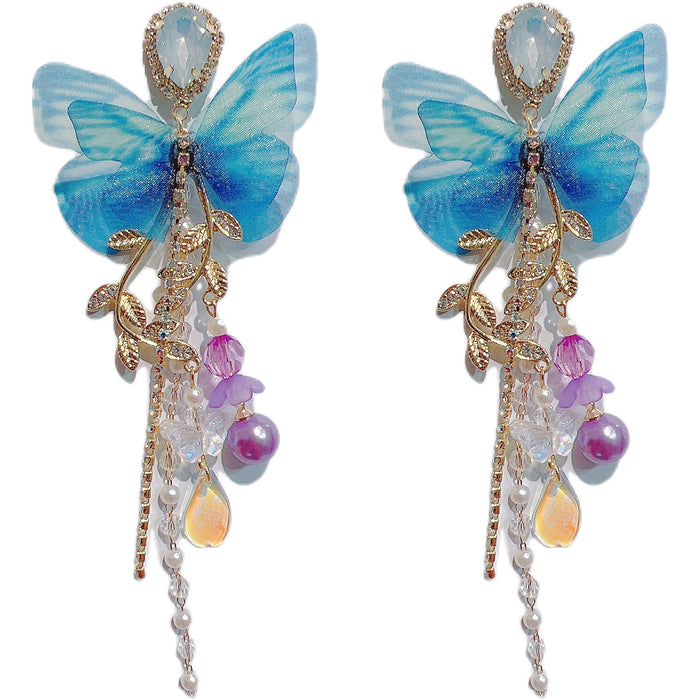 Wholesale Blue Embroidered Butterfly Ball Beads Flower Tassel Earrings JDC-ES-qiant012