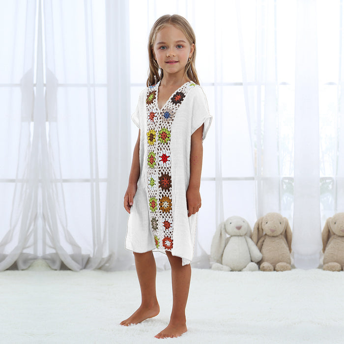 Wholesale parent-child hand crochet flower stitching loose slit children's dress JDC-SW-Yimei007