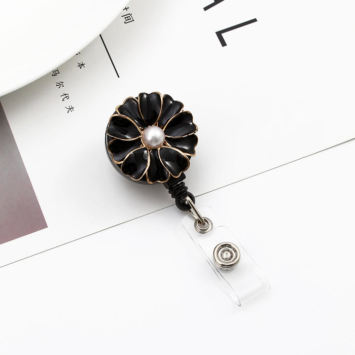 Wholesale Black Personality ID Buckle Pearl Flower Retractable Keychain MOQ≥2 JDC-KC-YZW005