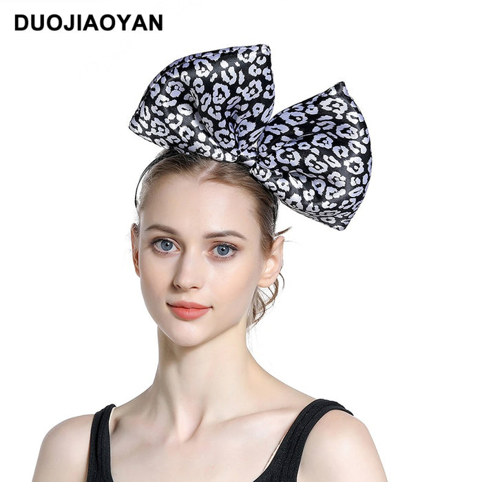 Wholesale Leopard Print Exaggerated Oversized Bow Satin Cloth Iron Headband MOQ≥3 JDC-HD-Jiaoy012