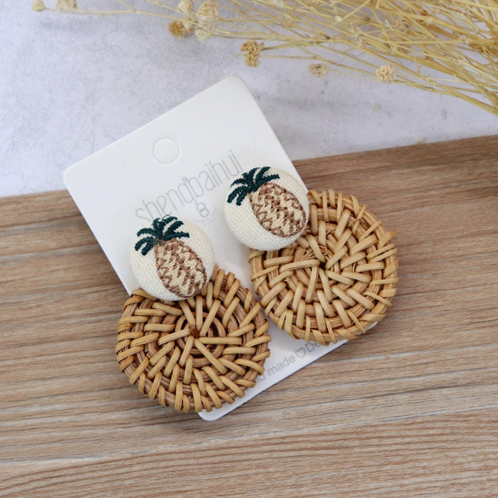 Wholesale Handmade Rattan Woven Stud Earrings Bohemian Beach Vacation Style JDC-ES-Luox004