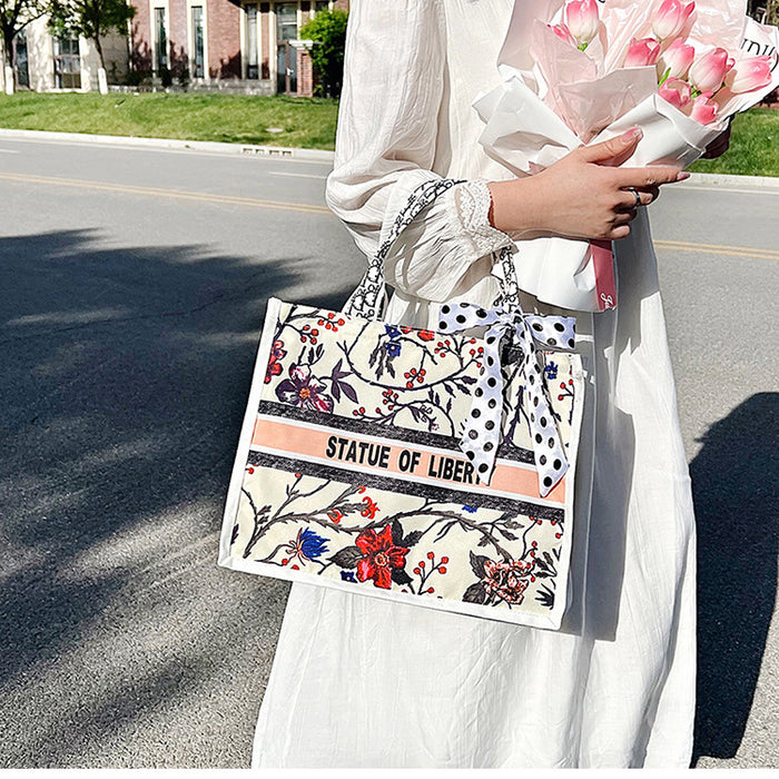 Wholesale Handbags Canvas Printed Painted Tote Bags Silk Scarves Large Capacity JDC-HB-Guanfang004