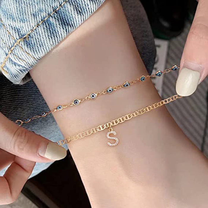 Wholesale Anklet Blue Devil's Eye 26 Letters Copper Gold Plated MOQ≥2 JDC-AS-JinM009