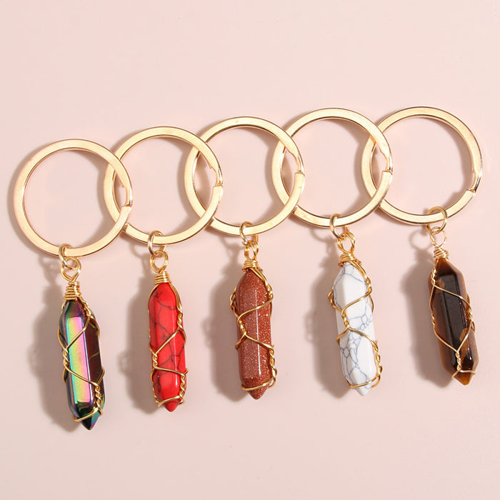 Wholesale10PCS/PACK Natural Crystal Stone Hexagon Pillar Binding Wire Crystal Keychain JDC-KC-XiangH007