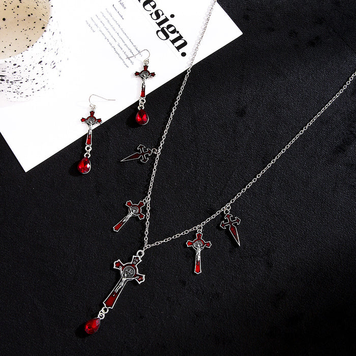 Wholesale Necklace Alloy Drop Bat Earrings Cross Necklace Set JDC-NE-KAN002