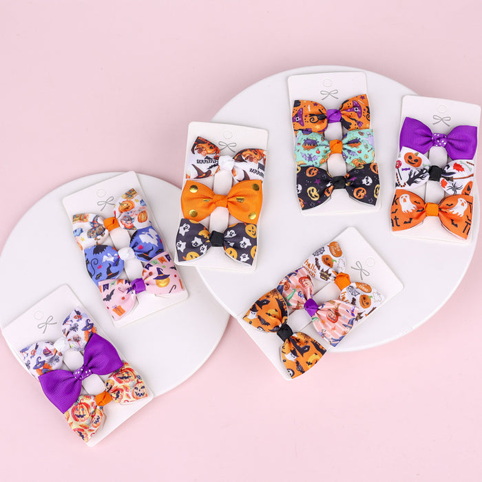 Wholesale Children's Hair Clip Halloween Bat Bow Three Piece Cloth JDC-HC-qiun008