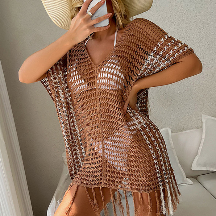 Wholesale contrast color loose tassel hollow beach sun protection clothing bikini JDC-SW-CYI009