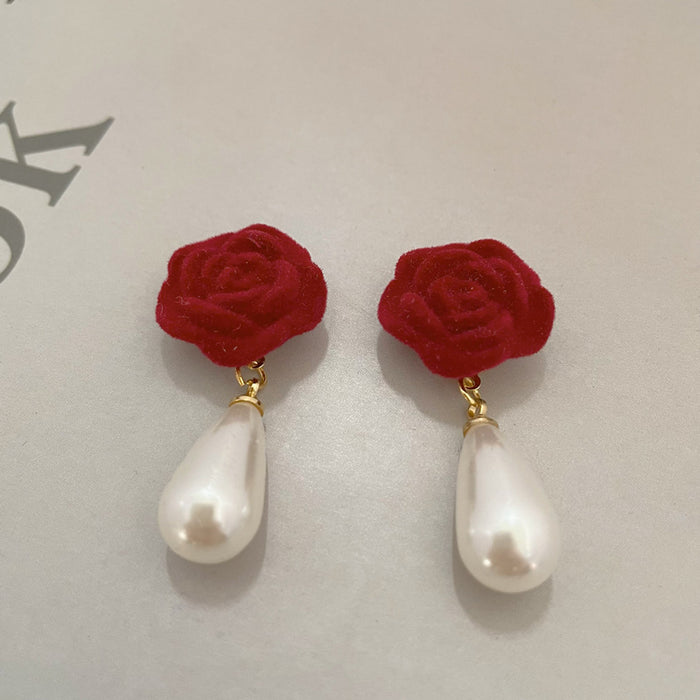 Wholesale Earrings Pearl Vintage Wine Red Flocking Rose Flowers JDC-ES-ABL008