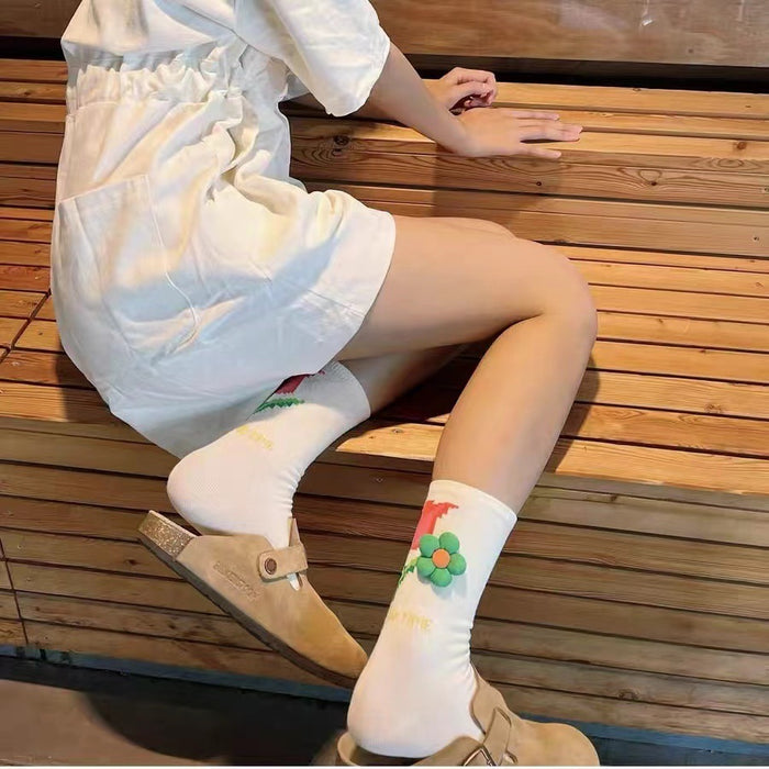 Wholesale socks 3D metal three-dimensional flower tulip mid-tube ins tide outer wear pure cotton JDC-SK-HuiLi007